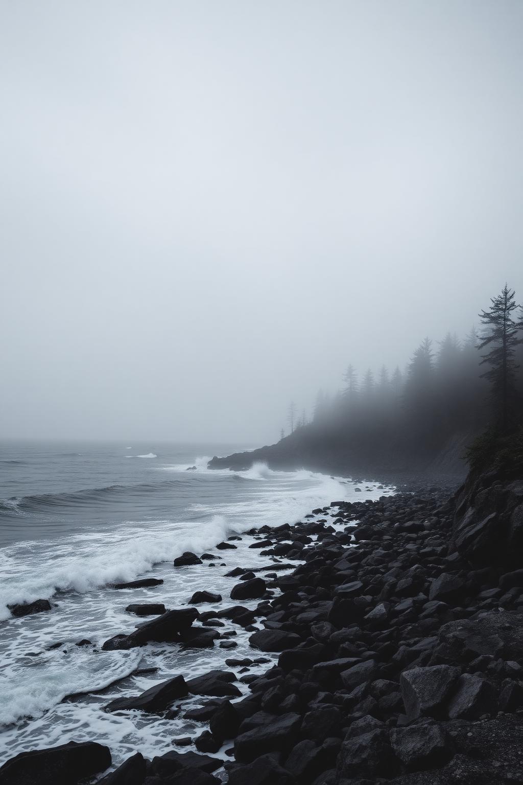 Rocky Maine coastline in fog